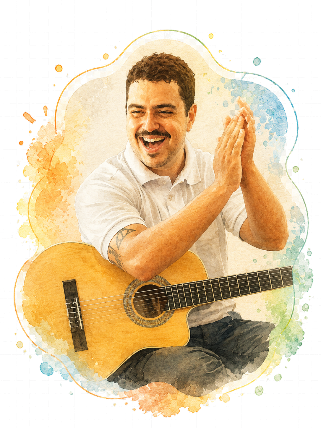 Tio João sorrindo tocando violão